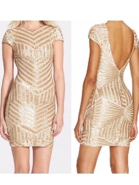 DRESS THE POPULATION Gold Sequin Mini Dress Tabitha Sz XS Prom Wedding Cocktail